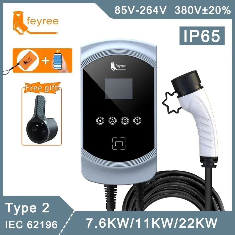 Feyree EV cargador 32A 7.6KW Type2 Cable cargador de coche EVSE Wallbox 11KW 22KW trifásico IEC62196-2 enchufe Control de aplicación para coche