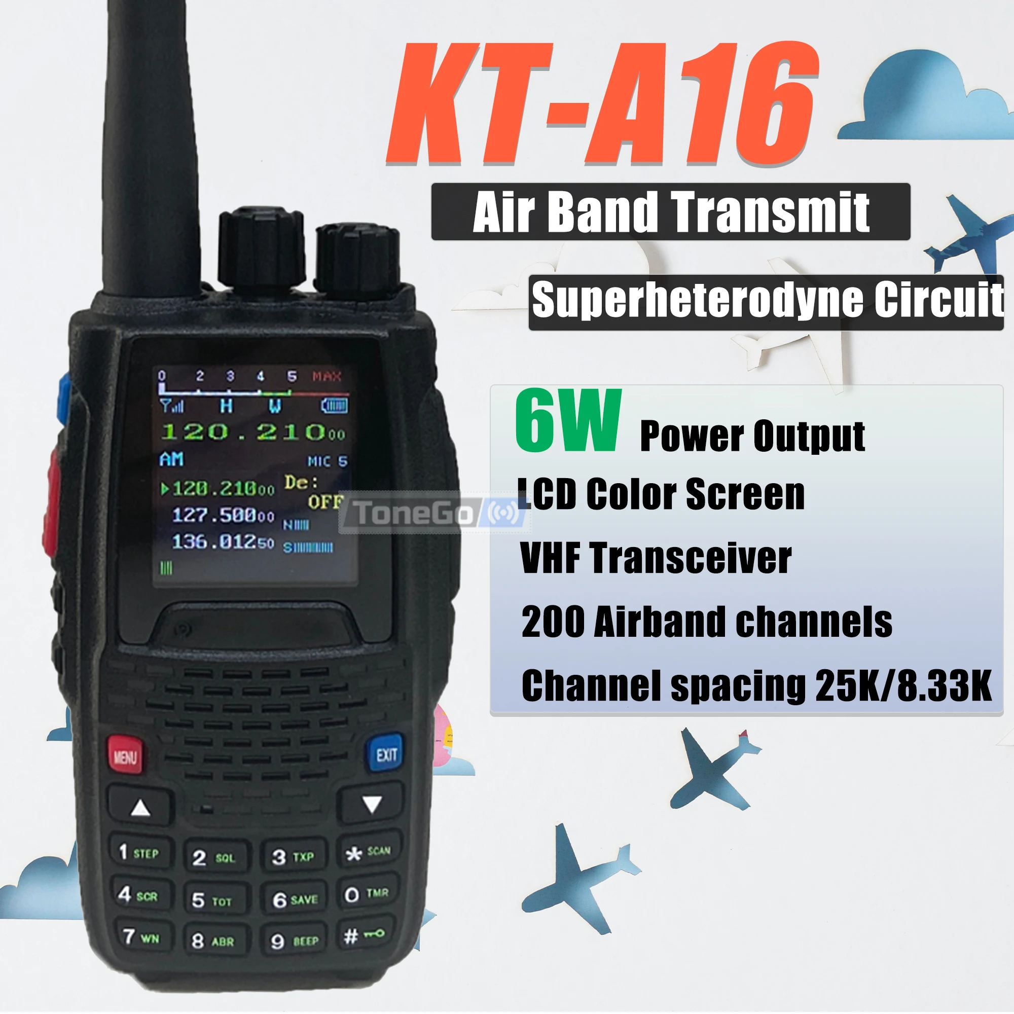 エアバンド送信 KT-A16 トランシーバー TX:108.000-136.999MHz RX:108.0000-136.999MHz 6W 200Ch W/10 NOAA 天気予報チャンネル