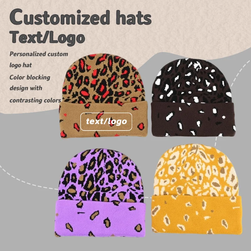 Individuell bestickte Logo-Strickmütze mit Leopardenmuster, warm und ohrenschützend für Herbst und Winter, Hip-Hop-Ohrenschutz-Skull-Beanie. – Detail 1