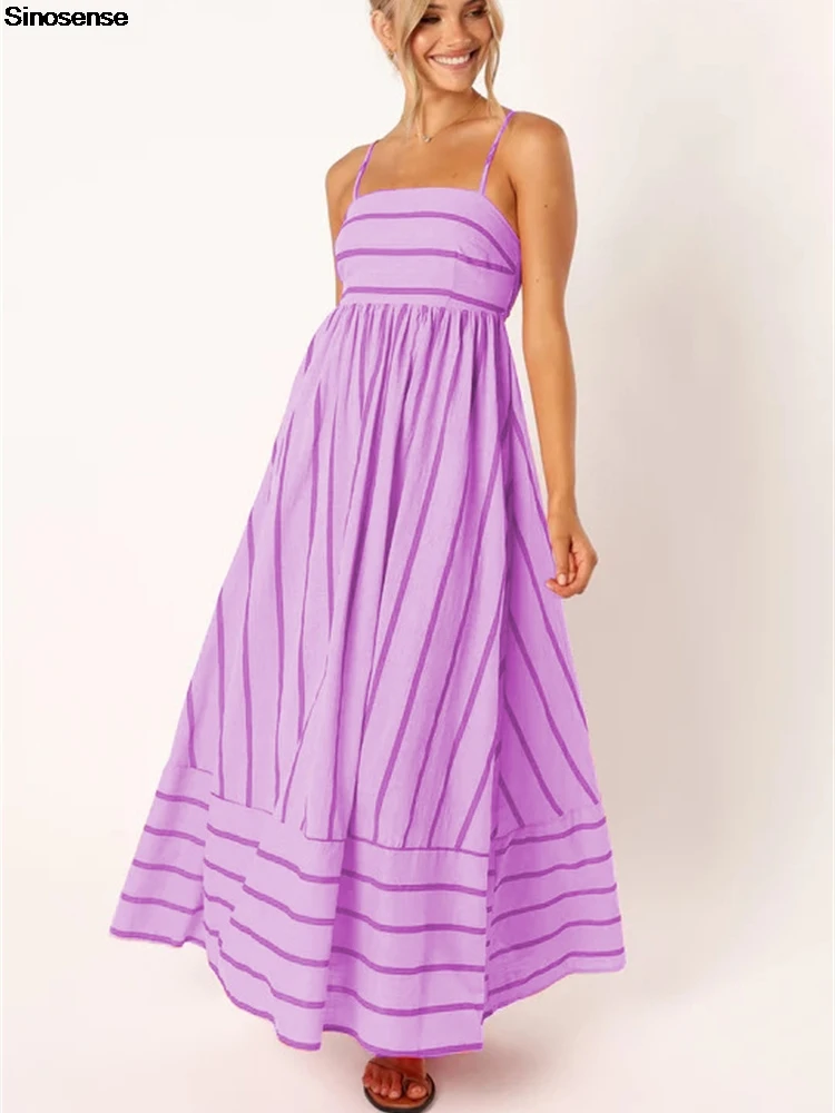 Abito lungo da donna con smock sul retro a righe Abito lungo sexy con cinturino per spaghetti ritagliato Abito lungo altalena fluido Y2K Abito da vacanza per appuntamenti di strada