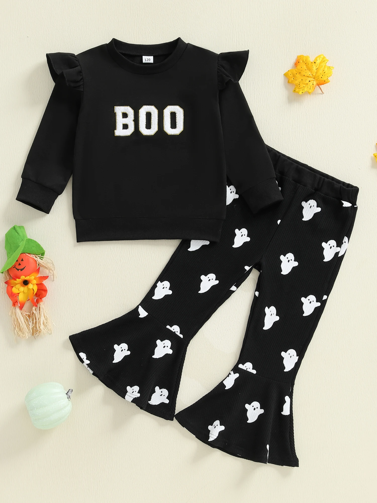

Очаровательный комплект одежды для маленьких девочек с вышивкой тыквы на свитере и леггинсы с принтом шляпы ведьмы для развлечений на Хэллоуин
