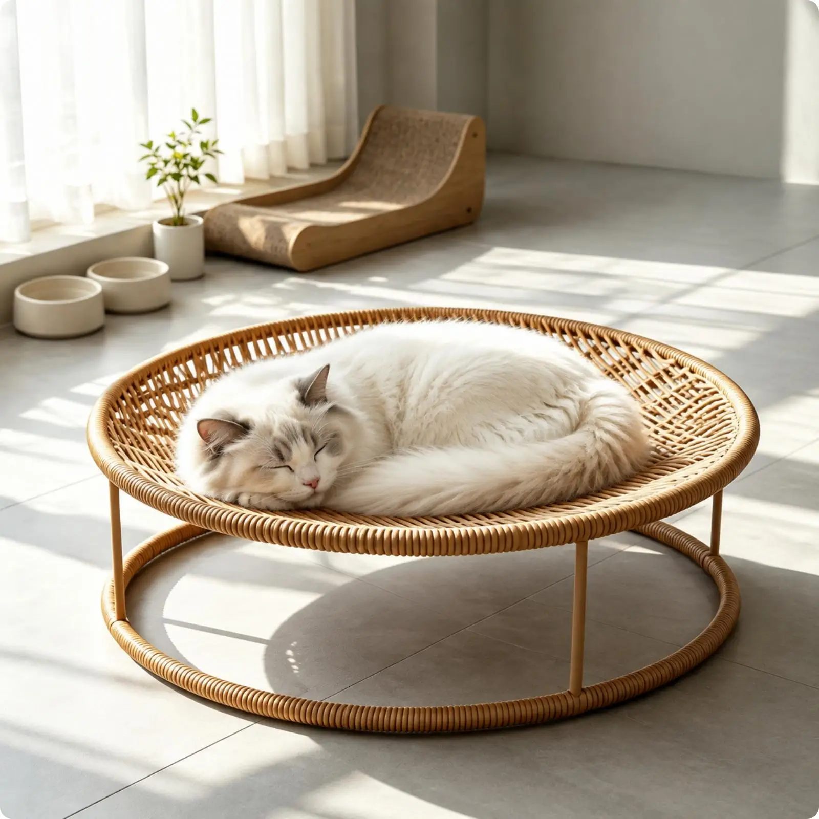 Cozy Rattan Cat Basket Bed Handwoven PP Fiber Pet House for Living Room Sunbathing Spot