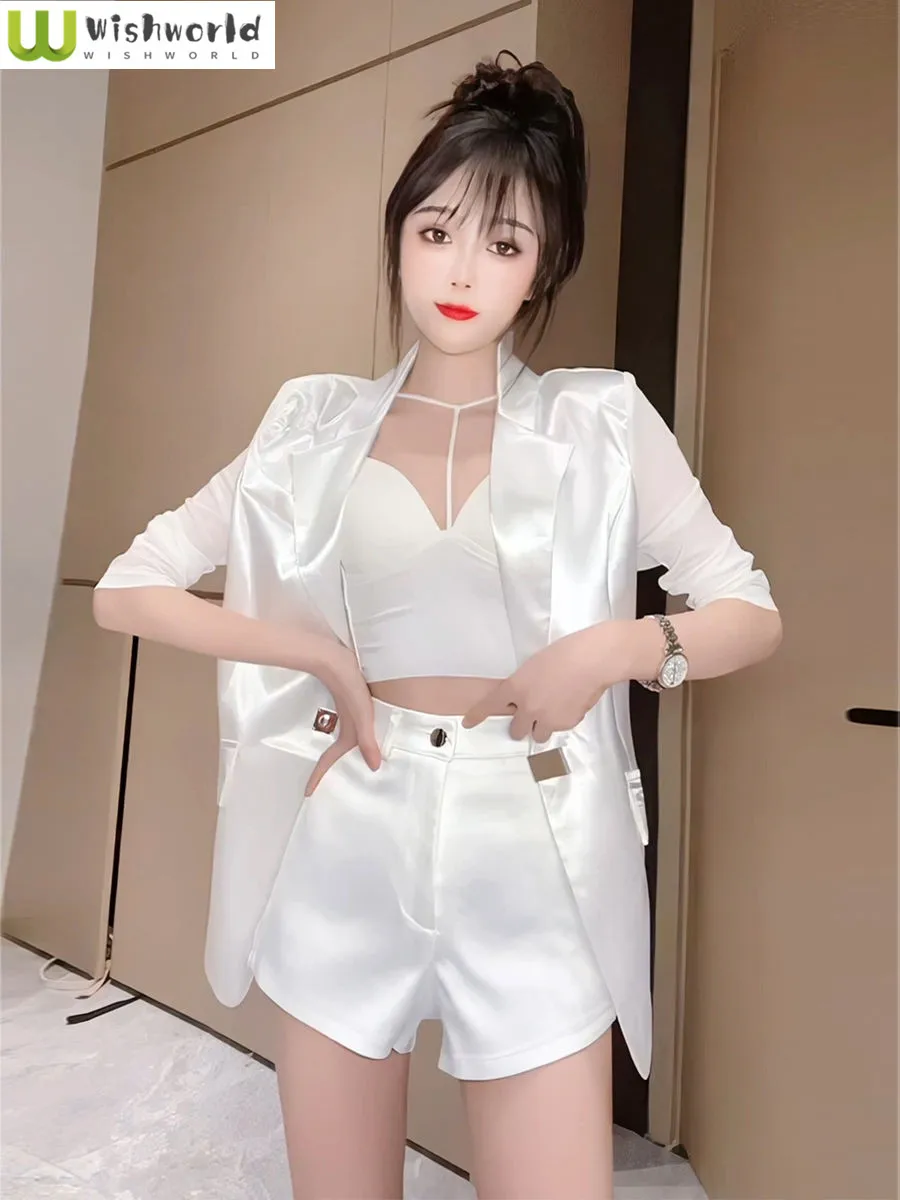 

Lightweight Sunscreen Shirt, Suit Jacket, Women's Summer 2024 New High-end White Acetic Acid Casual Outfit Two-piece Set