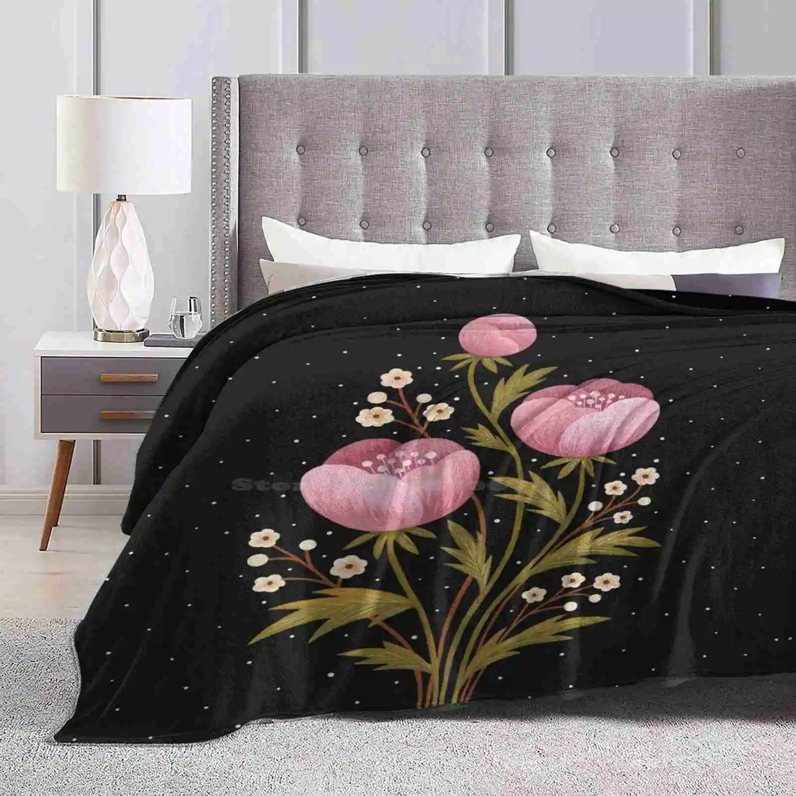 Blooms In The Dark Fashion Soft Warm Throw Blanket Gouache Flowers Floral Bloom Blossom Bouquet Botanical Nature Plants Night