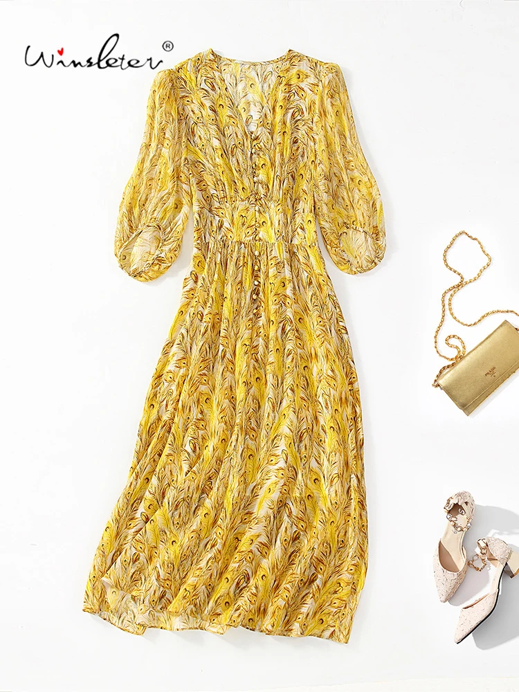 

Winsleter-Women's 100%Real Silk Elegant Dress, Half Sleeve V Neck Print, Retro Commute Party Dresses, 2025 Summer New D58206CC