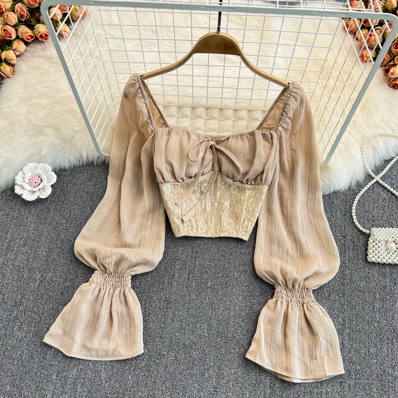 

Slimming High Waist ort Crop Top Women's Faion Bell Sve Square Collar irt Spring Autumn Korean Sle Commute Wind