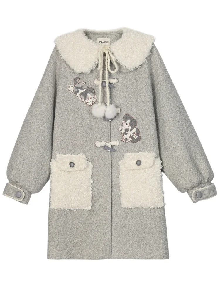 Original Doll Collar Faux Fur Jacket Women Winter Warm Thickened Mid-length Woolen Coat Student Sweet Cute Kawaii Furry Jackets