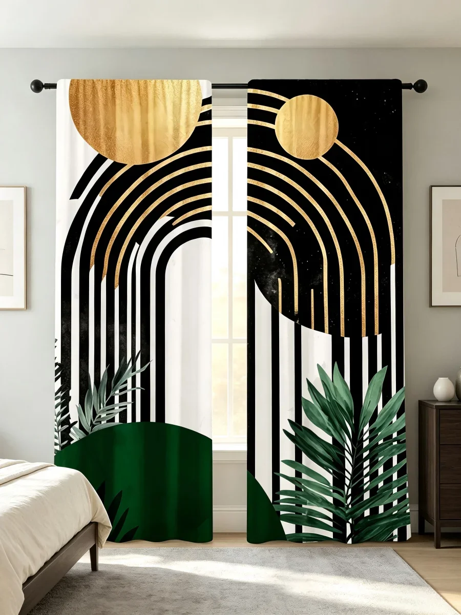 2PCS Digital Printed Curtain, Black Gold Arc Line with Green Plant, Modern Luxury Style Window Drapes for Living Room Bedroom