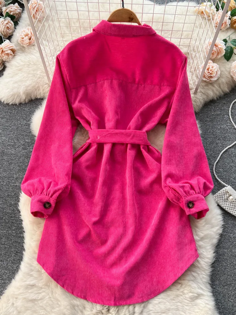 Foamlina Casual Women Autumn Corduroy Dress Solid Turn-down Collar Long Sleeve Single Breasted Belted A-line Short Female Dress