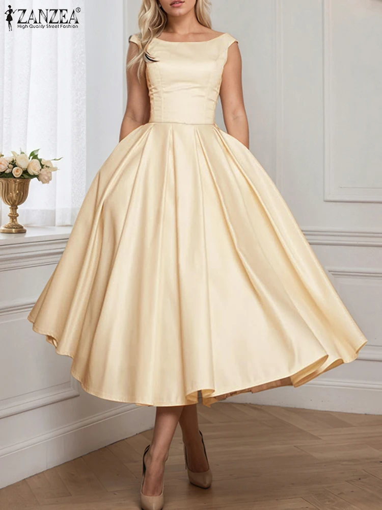 Zanzea elegante sem mangas cetim cocktail vestidos de festa invertido plissados mulher moda boatneck cintura cabida a linha robes femme