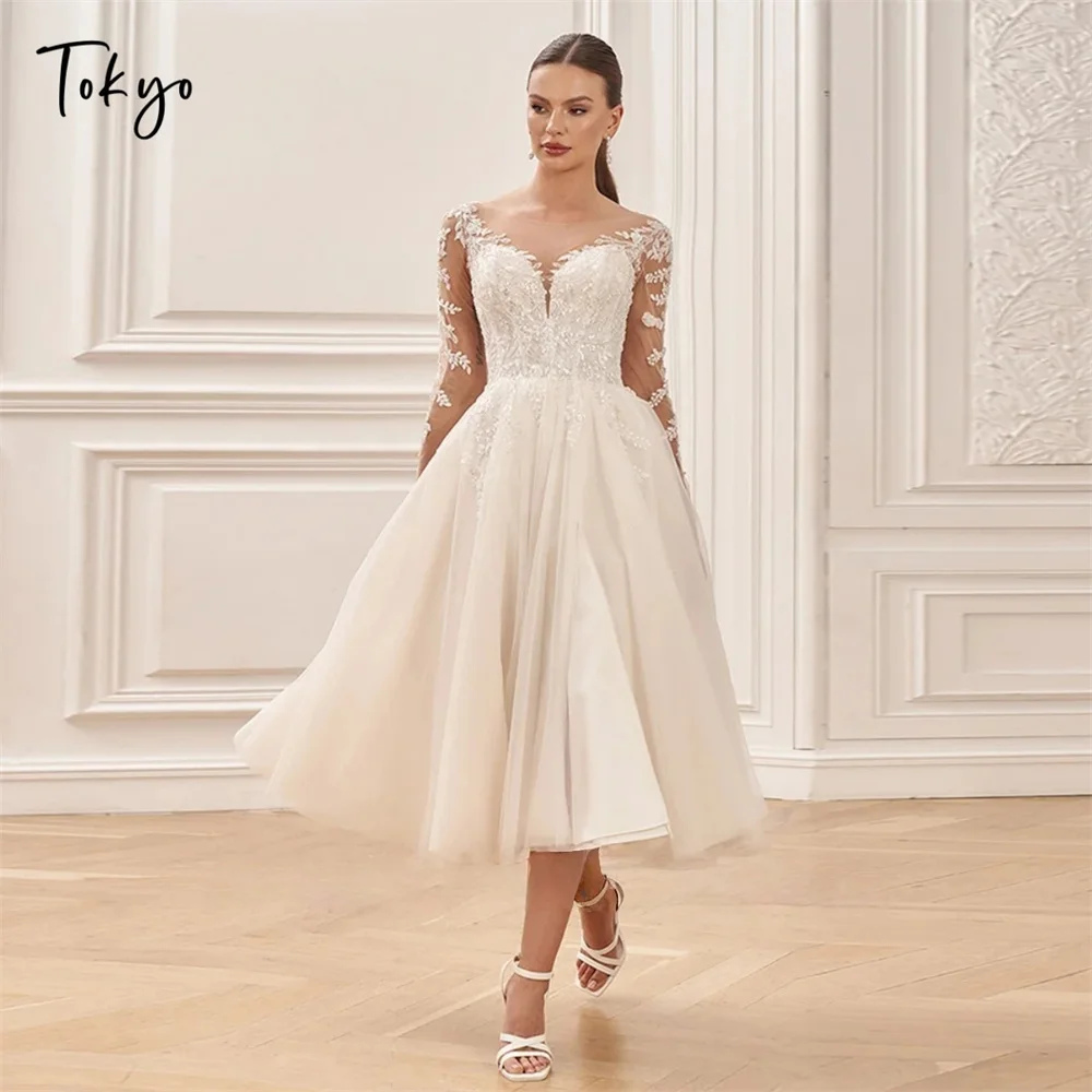 Tokyo See Through Lace V Neck Applique A Line Midi Dress Tulle High Waist Bridal Shower Party Sheer Long Sleeve Wedding Gown