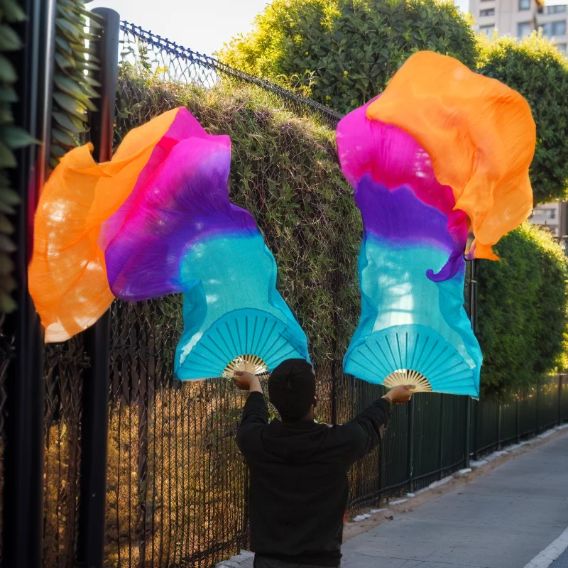 Velos de danza del vientre de seda auténtica, velo de abanico de bambú de tamaño clásico, accesorios personalizados para espectáculo Rave, promoción al por mayor, 1 par