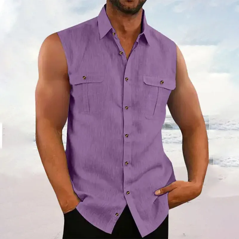 Men's new youthful and trendy simple and versatile solid color lapel sleeveless shirt beach multi-color casual loose shirt