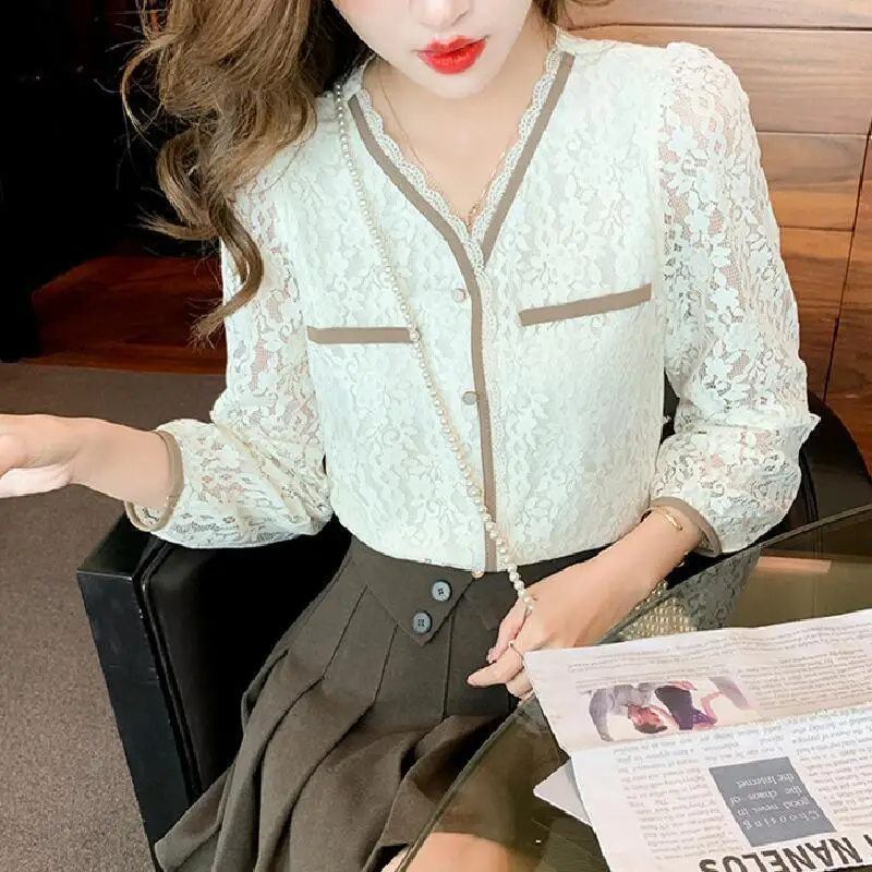 Women Korean Fashion Sexy Lace Chic Elegant Shirts Spring Summer Vintage Casual Blouses Solid V Neck Long Sleeve Tops Slim Blusa