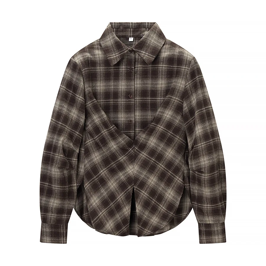 

Women's Versatile Work Shirt Winter Fashion Casual Collared Long-sleeve Plaid Top Designed Cinched Waist Single-breasted Blouse