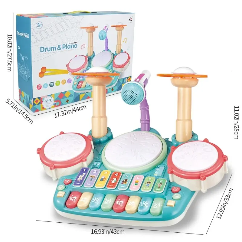 Juego de tambor de juguete para niños, instrumentos musicales, luces de micrófono, Teclado de Piano, juguetes educativos de aprendizaje temprano, niña de 3 años