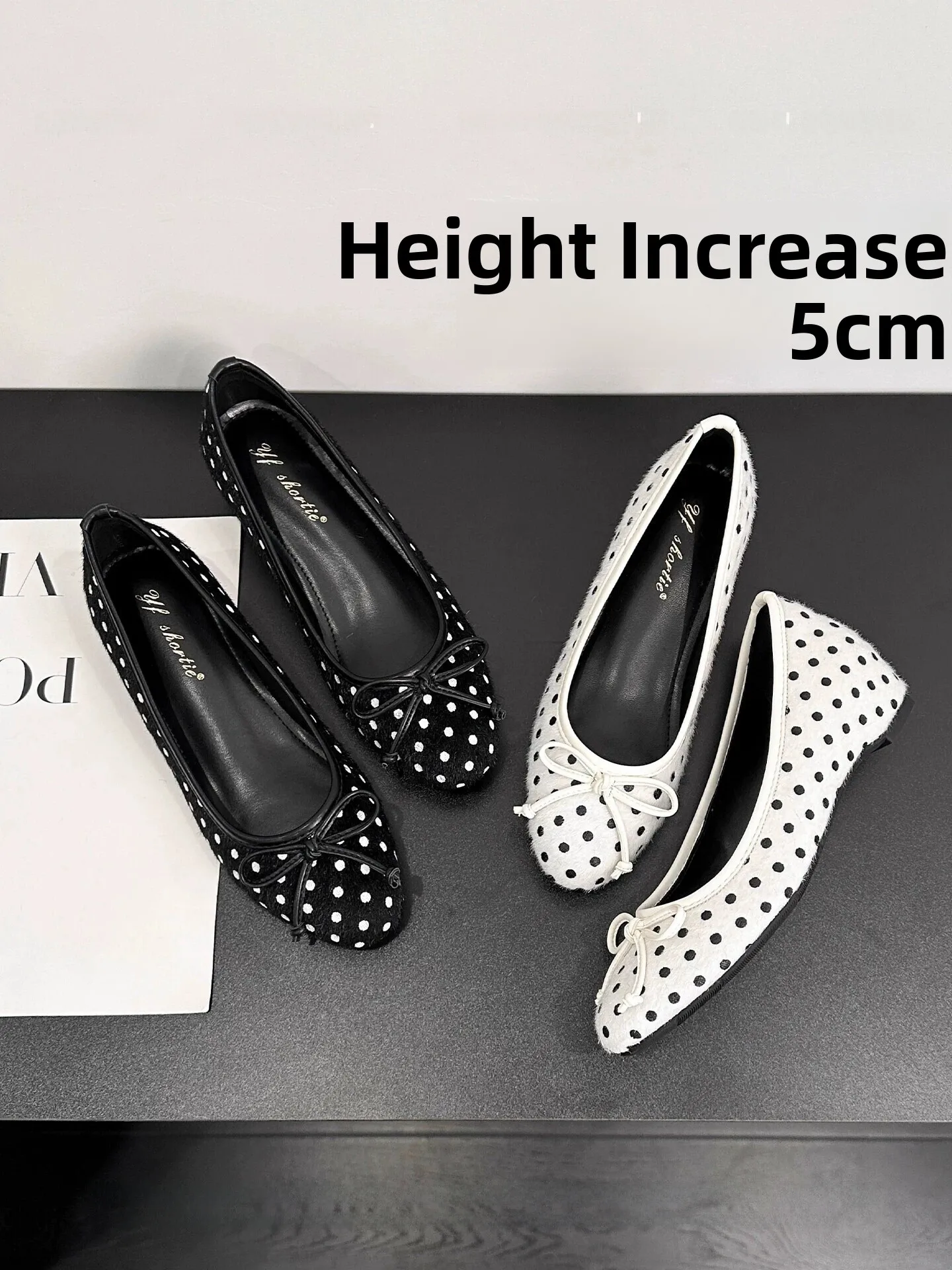 

Women's Flat round Toe Polka Dot Shoes 5CM Heightening Knot Light Mouth Hair Leather Mary Janes Fashion Single Shoes