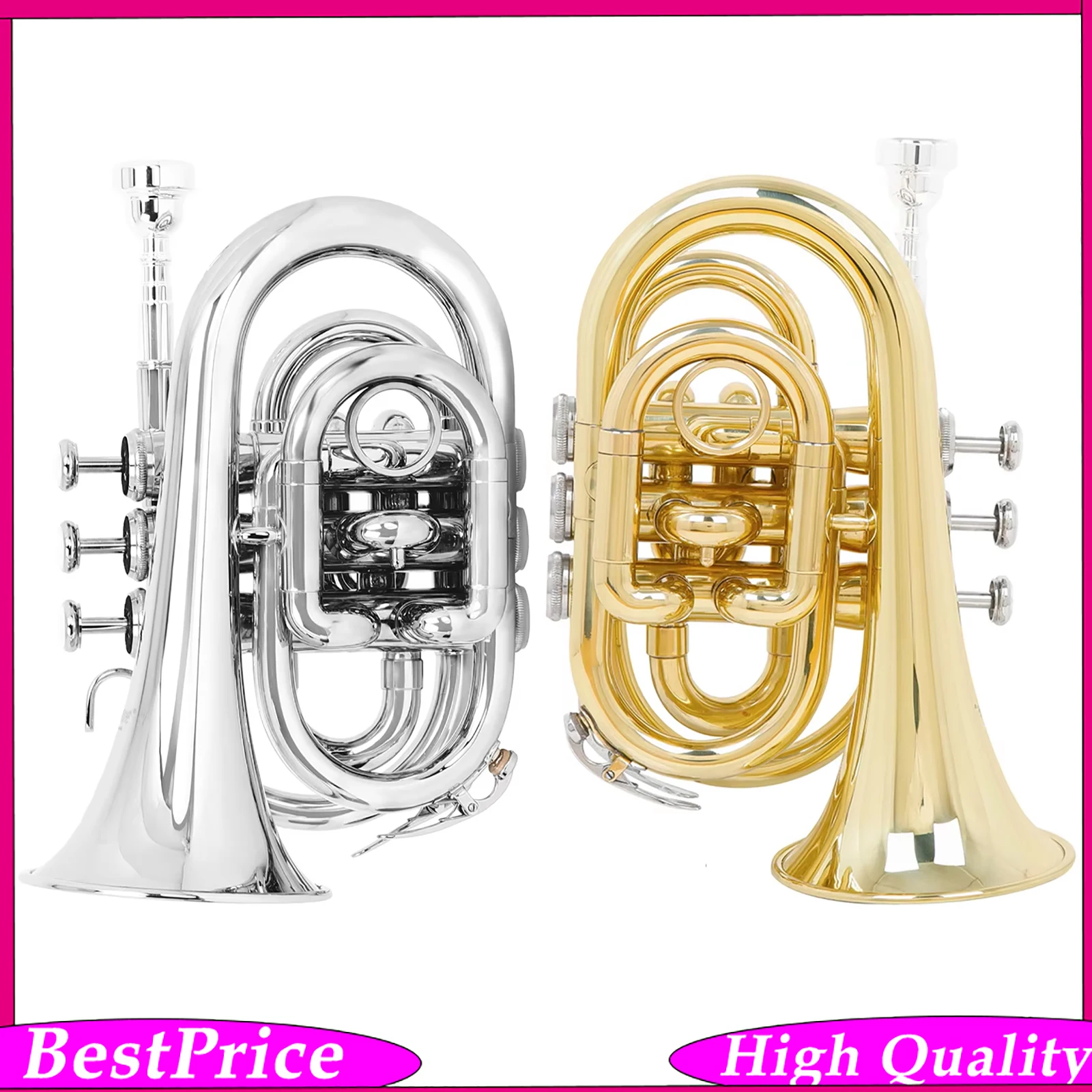 SLADE Mini Pocket Trumpet Bb Flat Brass Material Wind Instrument with Mouthpiece Gloves Cleaning Cloth Carrying Case Set Accesso