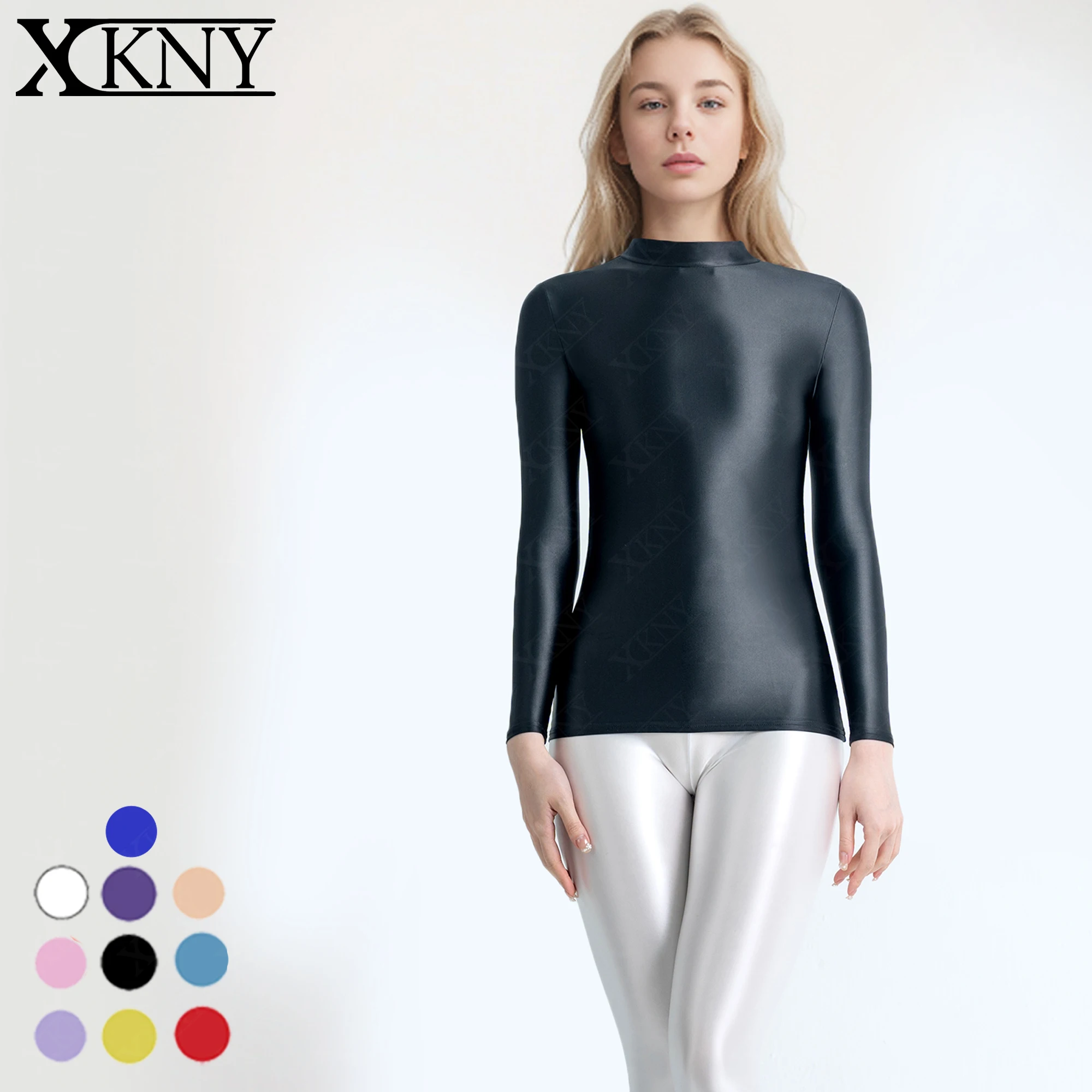 XCKNY satin glossy top sexy long sleeve high neck sports casual tight clothes sexy Yoga sportswear smooth multifunctional tights