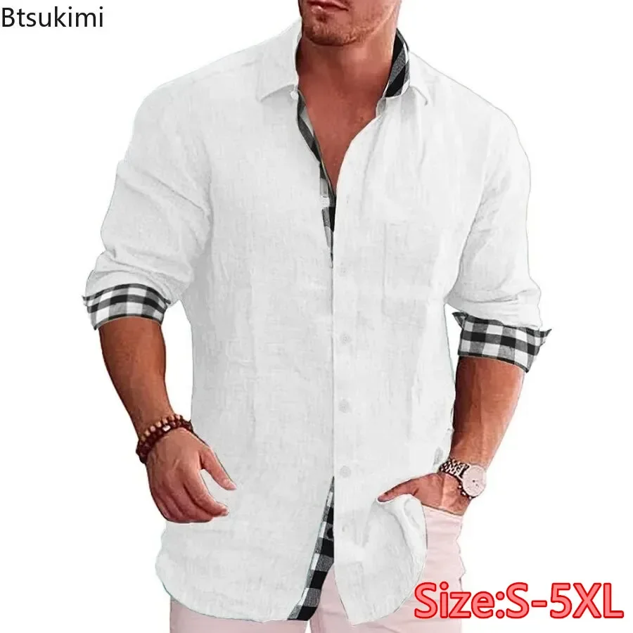 

New Men's Casual Cotton Linen Shirt Fashion Splice Single Breasted Lapel Loose Blouse Man Long Sleeve Soft Breathable Shirt Tops