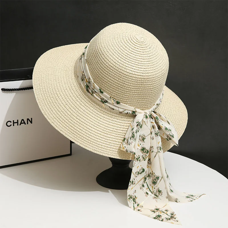 

Women's summer hat bowknot streamer large brim straw hat women's travel holiday beach hat sunscreen fedora hat chapeau femme