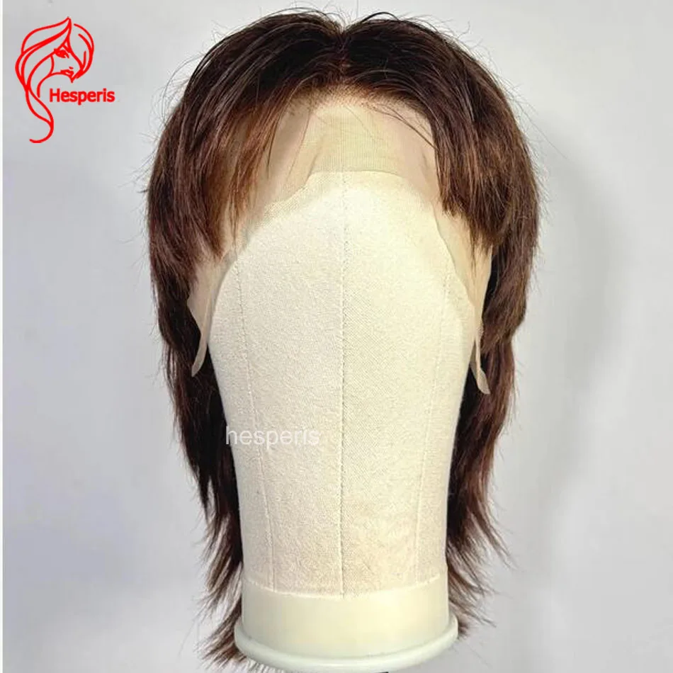 Hesperis Men Dark Brown Shag Wig 100% Remy Human Hair 00s Grunge Mullet Cut Layered Male Wig Lace Frontal Wigs for Boys