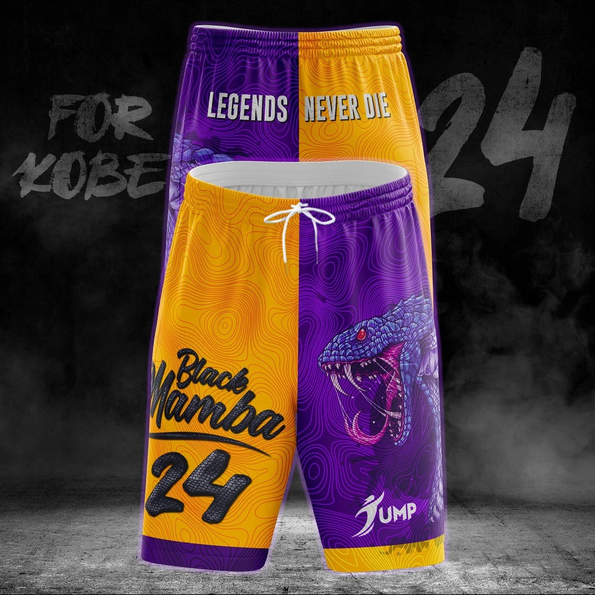 Mamba Spirit Memorial Basketball Shorts: Purple-Gold Colorblock Black Mamba Snake Print Quick-Dry Training Tights
