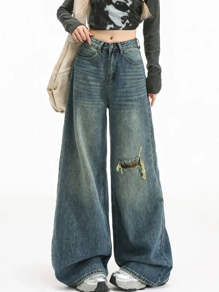 

Y2K джинсы с искусственными дырками, женские прямые брюки с высокой талией в стиле ретро, свободный крой, осенние облегающие брюки в уличном стиле