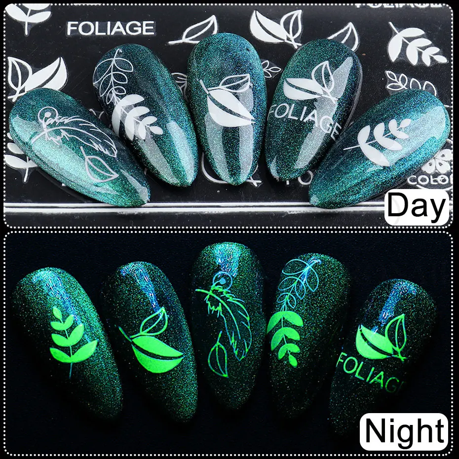 Butterfly Luminous Effect Nail Sticker Leaf Flower Dragonfly Glow In The Dark Glitter Decal 3D Green White Slider SLCY001-009