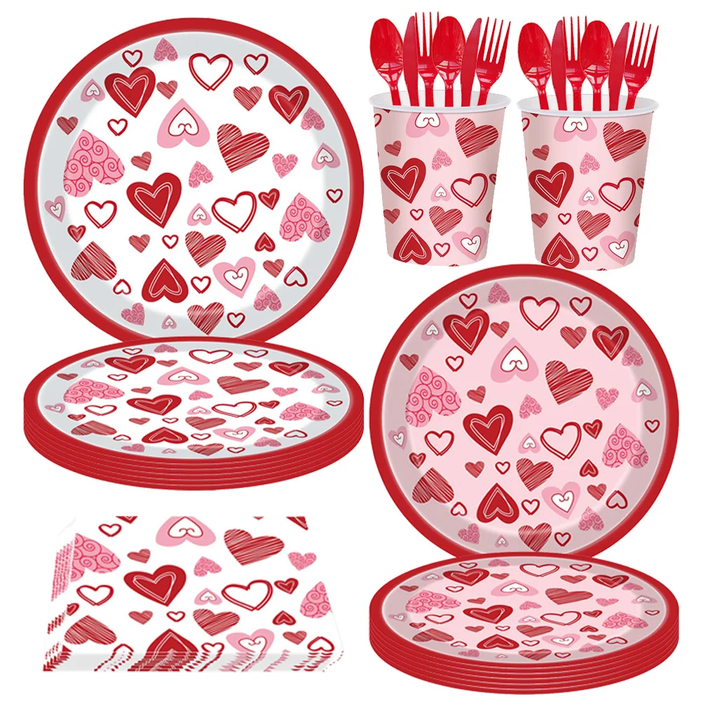 Valentine's Day Theme Disposable Tableware Paper Plates Cups Napkins Red Love Heart Pattern Girls Wedding Party Decor Supplies