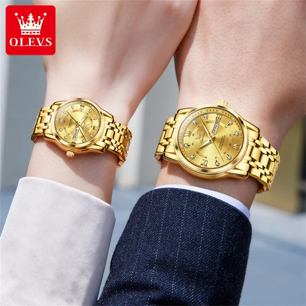 Olevs Paar Uhren paar für Männer und Frauen Edelstahl wasserdichte Herren uhren Luxus Gold Diamant Liebhaber Armbanduhren