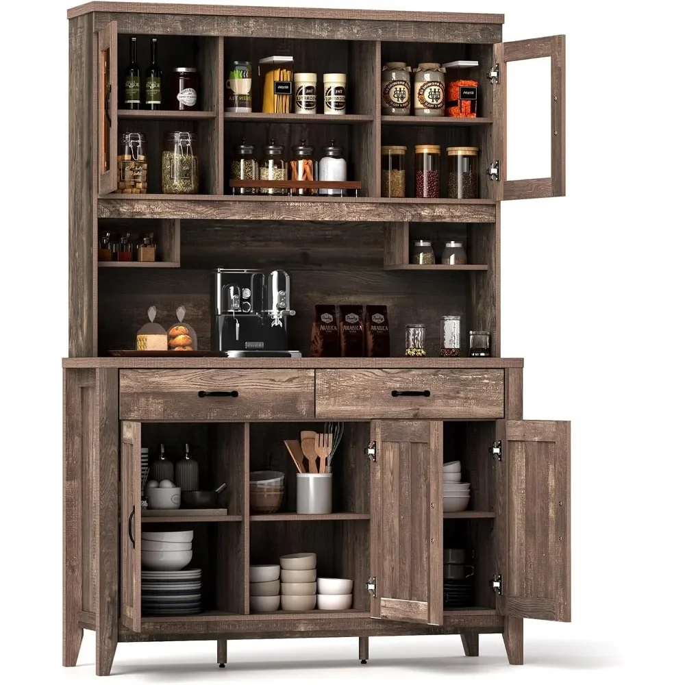 

Kitchen Hutch Storage Cabinet, Large Buffet Cupboard with Glass Doors, Drawers, Adjustable Shelves, Wooden Kitchen Pantry