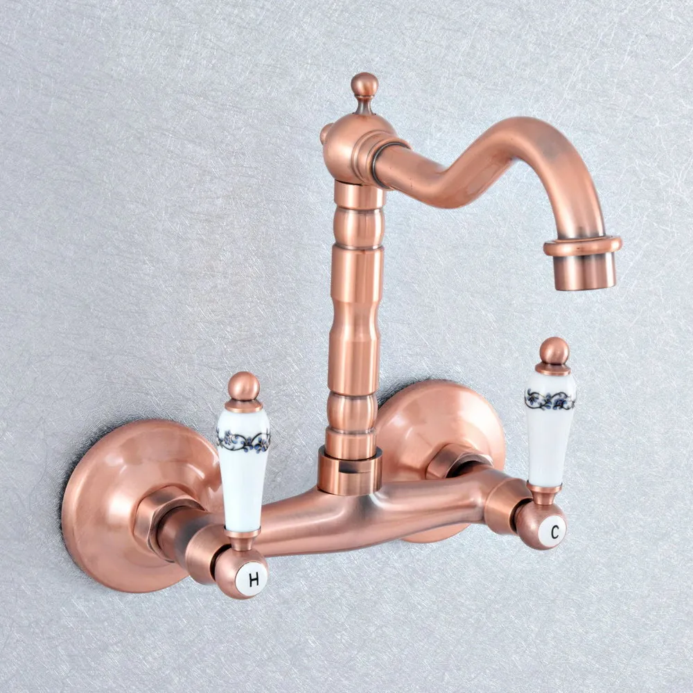 

Antique Red Copper Brass Wall Mounted Kitchen Wet Bar Bathroom Vessel Basin Sink Hot Cold Mixer Tap Swivel Spout Faucet msf871