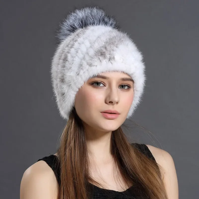 Silver Fox Hair Ball Mink Hat Fashion Fur Hat Wool Hat Ear Protection Warm Hat Winter Girl