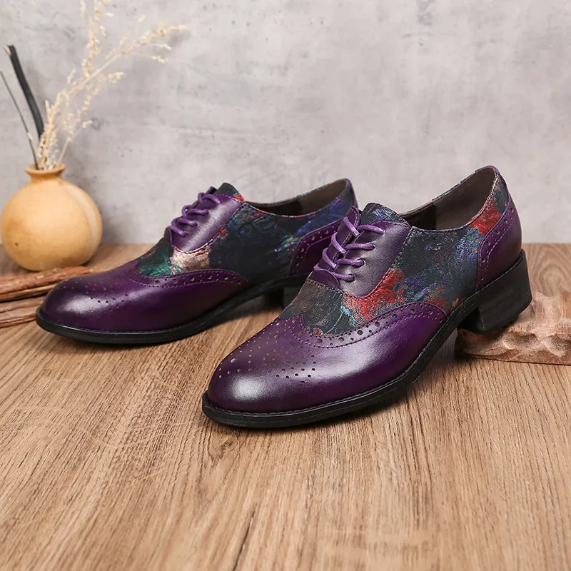 Hand-painted Genuine Leather Pumps 2024 Spring New Mixed Colors Women Shoes Retro Flower Comfortable Casual Lace-up Shoes