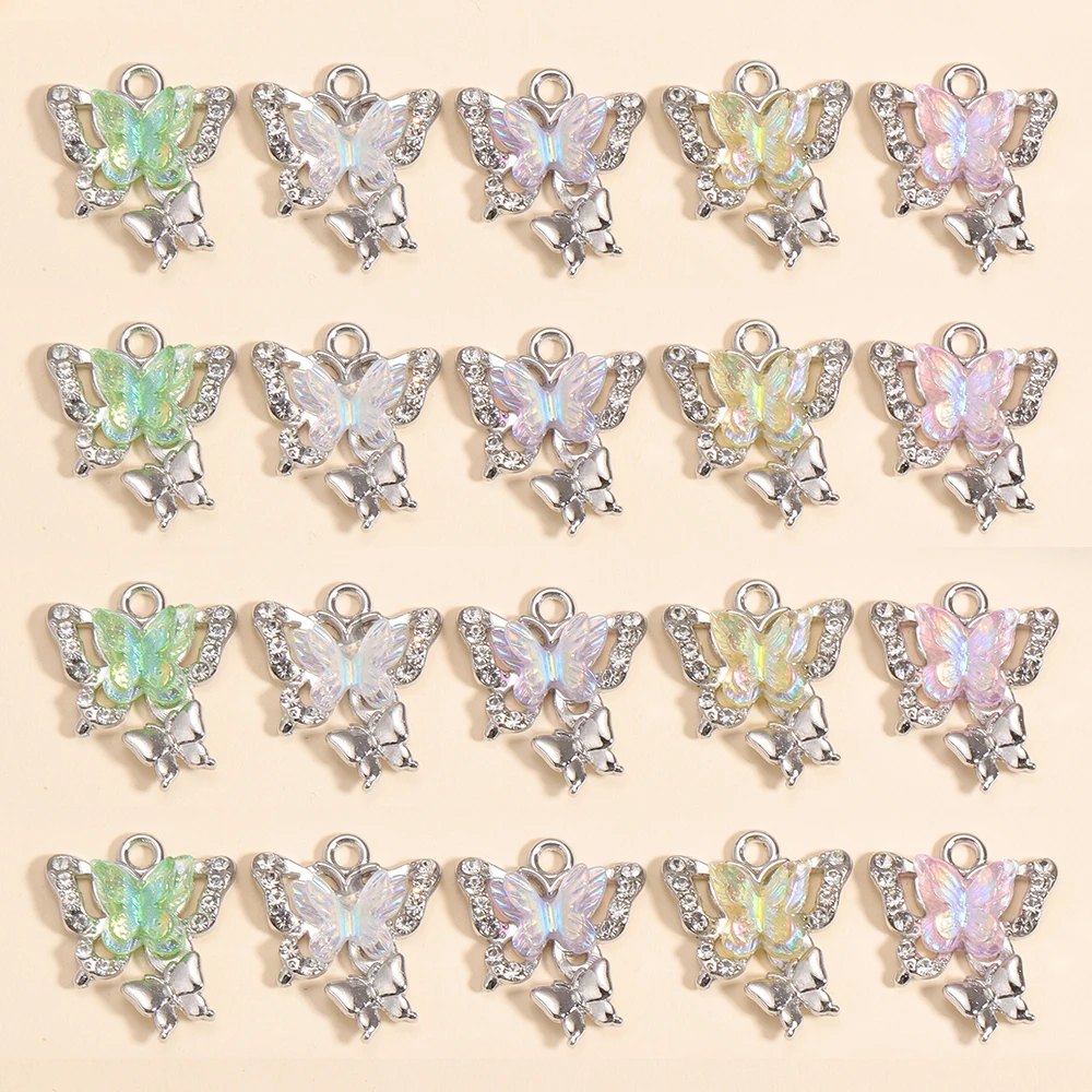 10 Stück Zirkon Silber Farbe Legierung Schmetterling Charms für Damen DIY Schmuckherstellung schöne Acryl Schmetterling Anhänger Halskette Handwerk