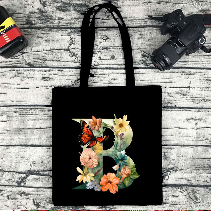 Flower Letter Black Canvas Handbag Casual Large Capacity Environmental Friendly Flower Shopping Bag Customization