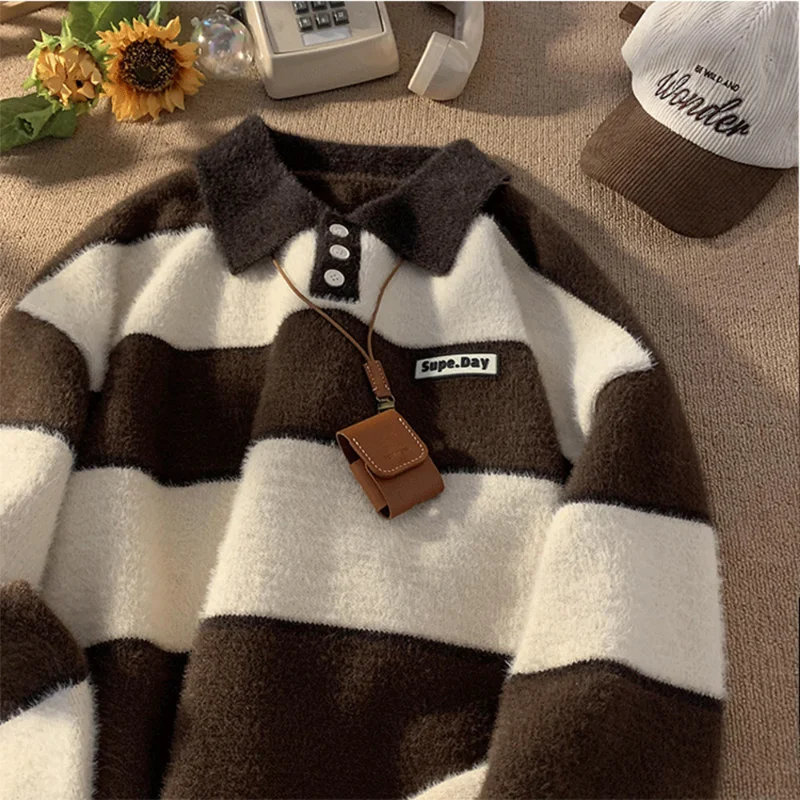 POLO Collar Sweater Boys Stripe Academy Winter Slouchy Style Man Clothes Retro Autumn Winter Thickened Coat Knit Sweater Men