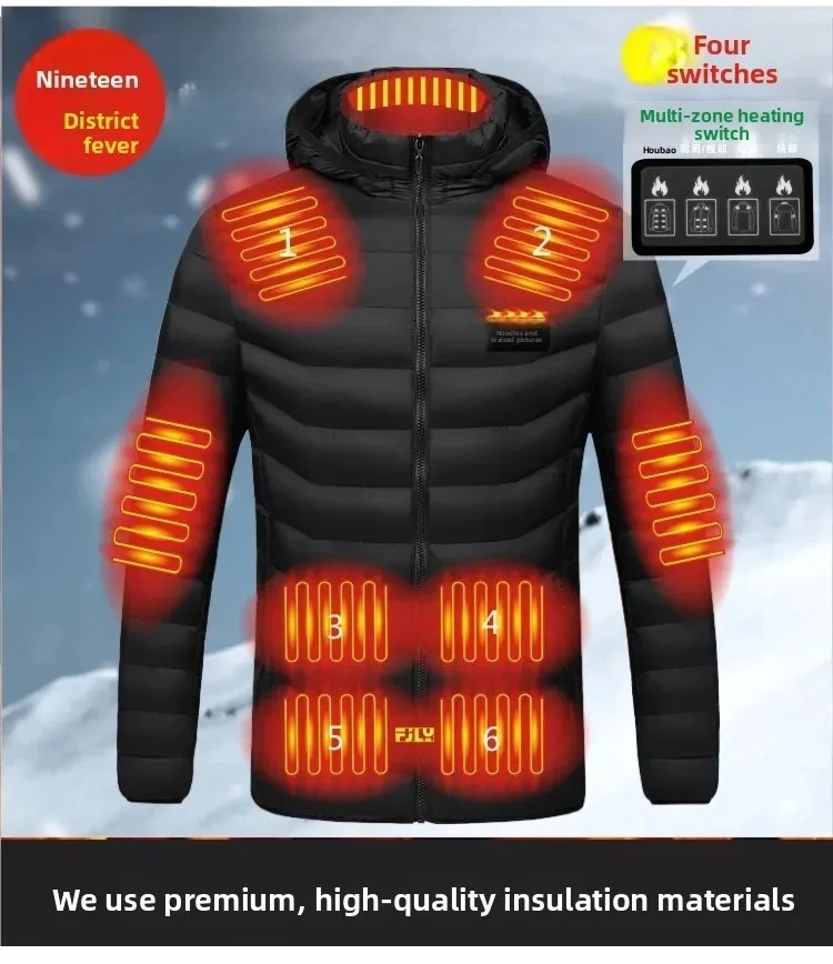 Unisex Warm Electric Heating Full Body Constant Temperature Intelligent Heating 19 Areas Heated Cotton Jacket with Hood Outdoor