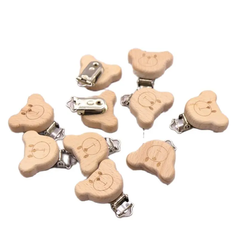 5pcs Natural Wooden Animal Pacifier Metal Clips Baby Accessories Food Grade Holder Heart Pacifier Wooden Baby Teether