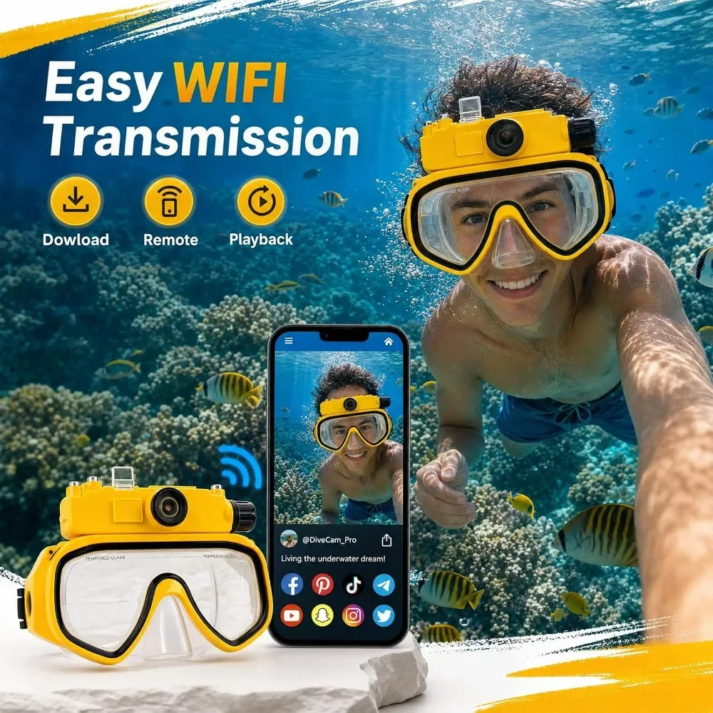 Diving Goggles with 64GB Card Camera, 2K Video 100 Degree Wide Angle, 15m Anti Fog Silicone Skirt for Snorkeling Freediving