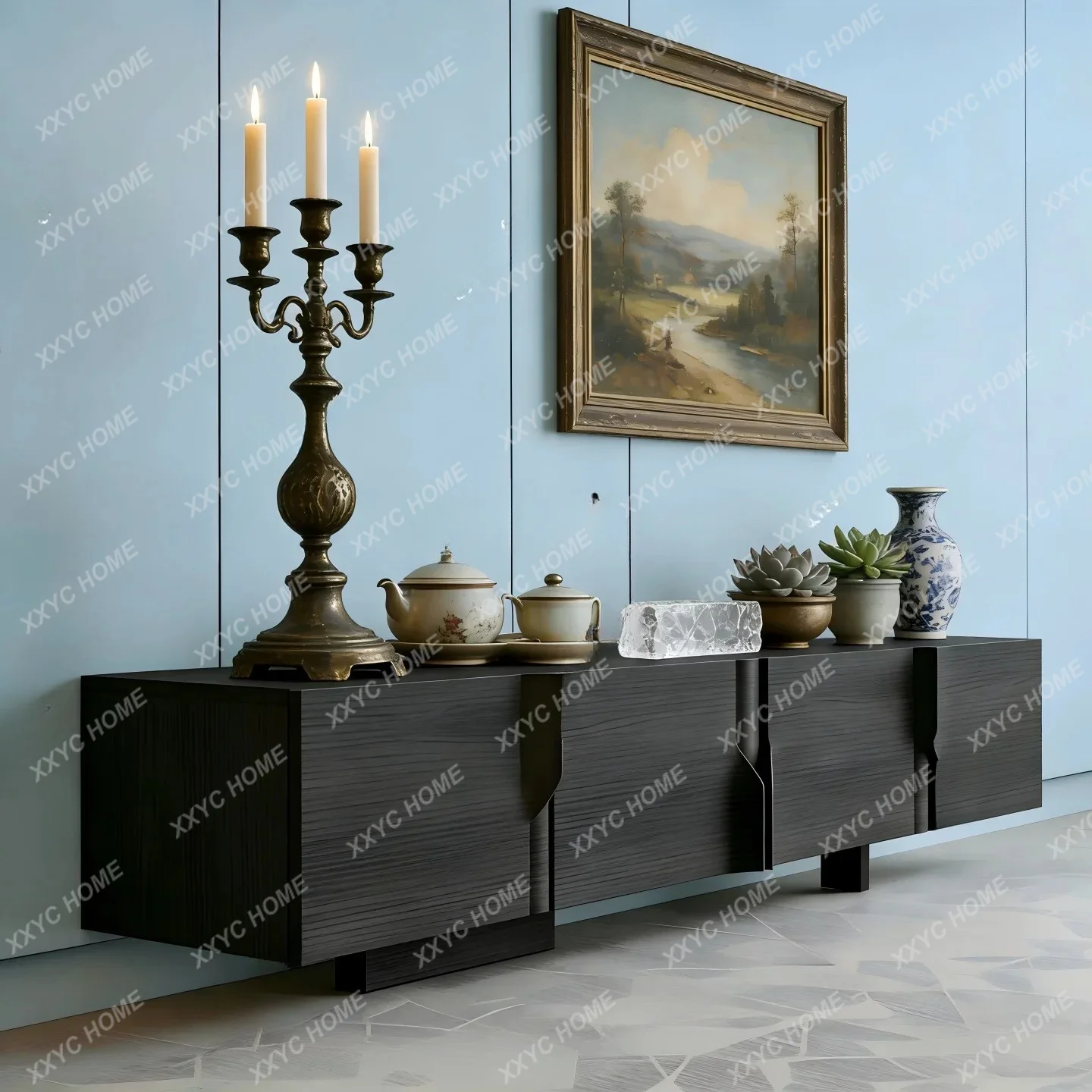 LMedieval paint TV cabinet black floor-to-ceiling audio-visual cabinet