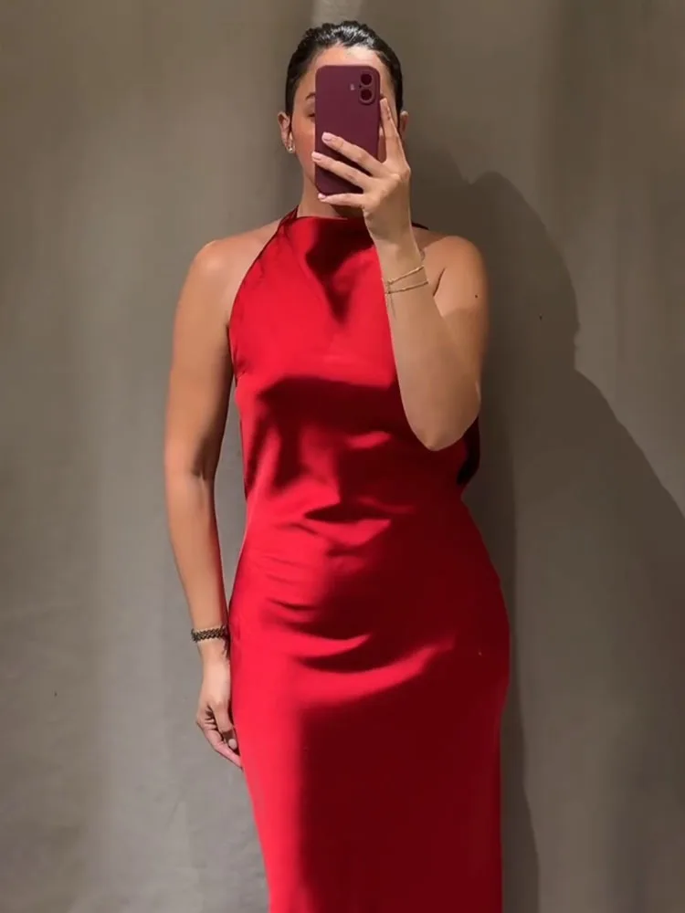 HH レディース サマーセクシー ノースリーブ バックレス ロングドレス ホルターネック シルクサテン風ドレス 女性用 エレガント パーティー イブニングドレス