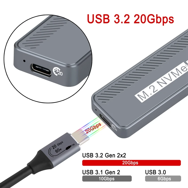 M.2 Nvme HDD Enclosureพื้นที่สีเทาMulti-Functional USB3.2 ฮาร์ดไดรฟ์กล่องUSB3.2 Gen2x2 20Gbpsความเร็วสูงHDD Enclosure