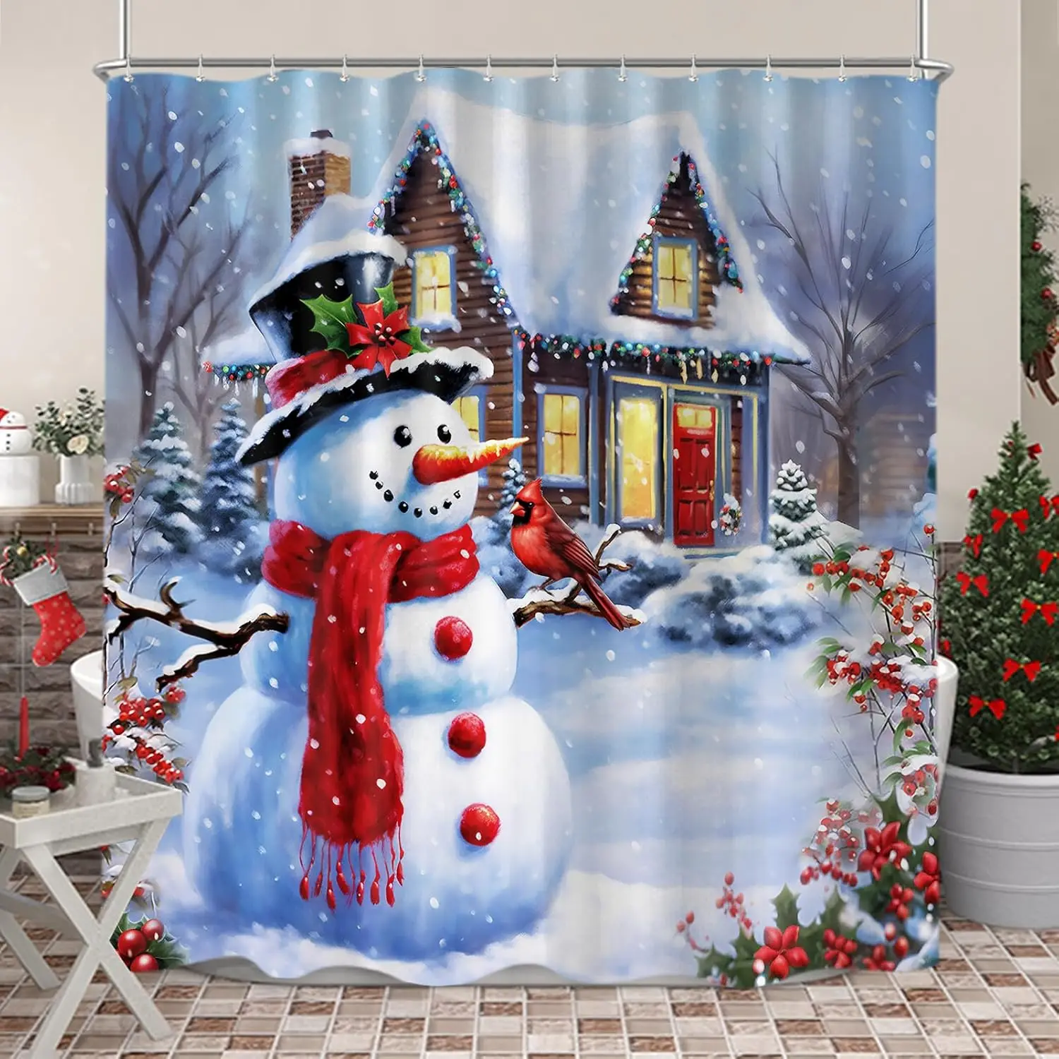 Christmas Snowman Shower Curtain, Winter Cardinal Snow Farmhouse Fabric Shower Curtains Set for Bathroom Decoration with Hooks
