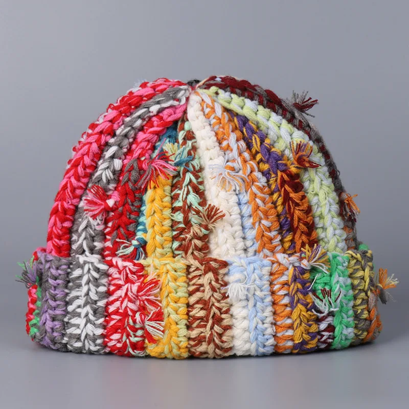 

Handmade Heavy Industry Multi-strand Twist Mixed Color Knitted Wool Hat Dopamine Color Women's Winter Warm Overhead Beanie Cap