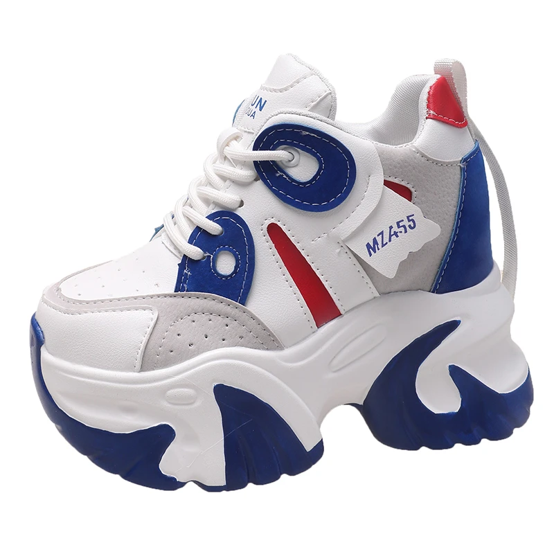 

Women Walking Sneakers New Autumn Lace-up High Platform Chunky Shoes Breathable Leather Shoes 10.5CM Wedge Heels Casual Shoes