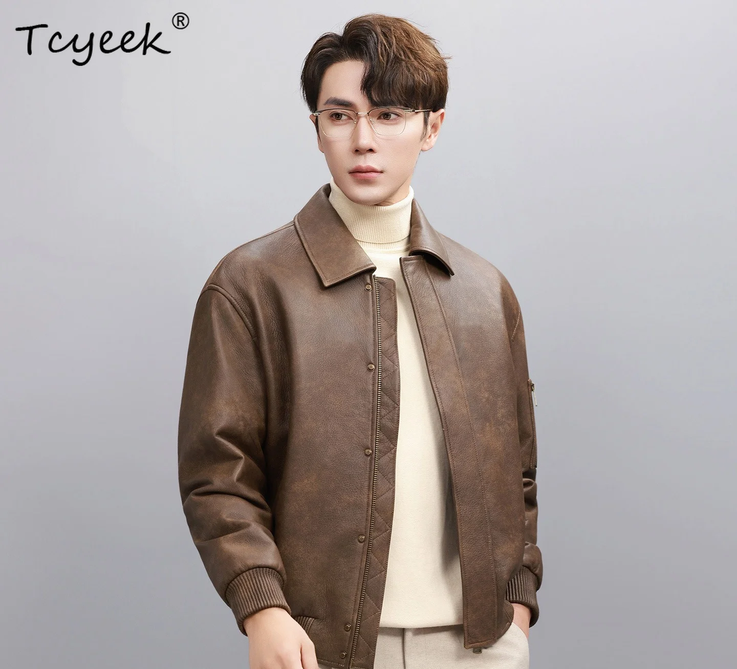 Tcyeek Natural Goatskin Real Leather Jacket Men Clothes White Goose Down Coats Male Fashion Motocycle Jackets Fall Winter 탑건