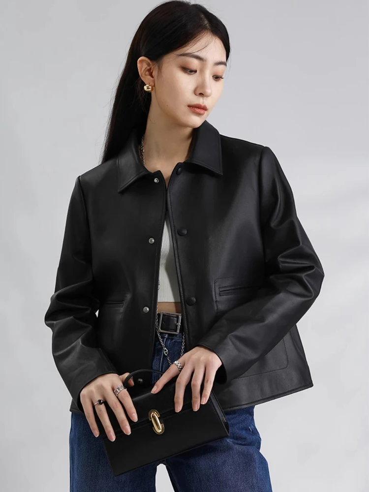 

Spring Autumn Lamb Leather Jacket Women's Shoulder Straight Tube Small Loose Collar Advanced Sense Genuine Leather Leather Co...