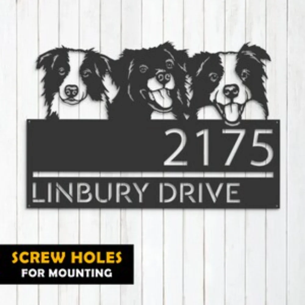 Personalized Peeking Border Collie Dogs Address Sign House Number Hanging Plaque for Yard Garden Outdoor Stake home-garden